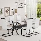 71" Glass Dining Table Set for 6｜Modern Dining Table Set for 6 with Faux Leather Chairs｜0.4" Thick Tempered Glass Tabletop｜Black Metal Legs with Black Crossbar｜Easy Assembly