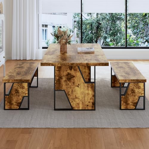HIPIHOM 70.8" Wooden Dining Table with 2 Benches Kitchen Table and Chairs
