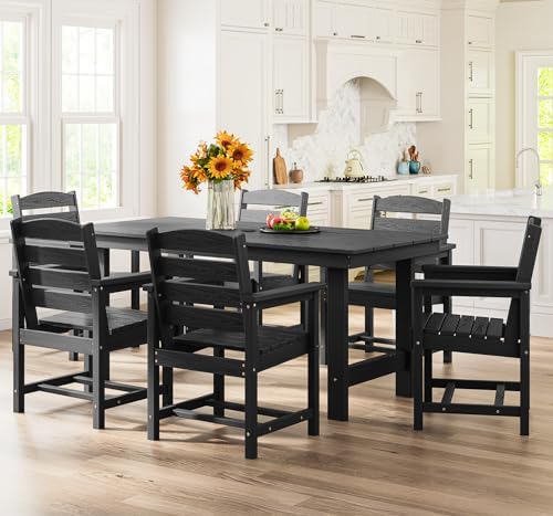 SERWALL 7 Pcs Outdoor Dining Set, 67" HDPE Dining Set for 6, Black