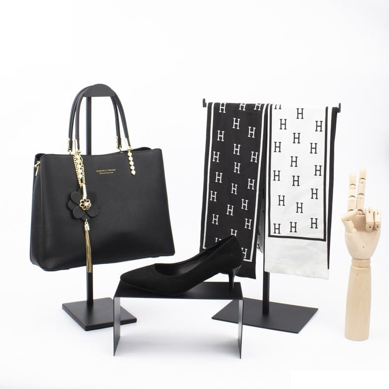 Purse Display Stand T Shaped, Countertop Jewelry/Scarf/Handbag T-Bar Display Stand, Tabletop Double Hook Hanging Stands for Long Necklaces, Metal with Adjustable Height - Black