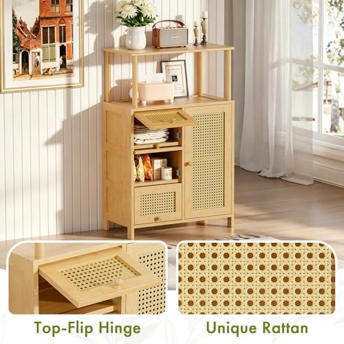 Amazer Sideboard Buffet Cabinet with Storage, Bamboo Storage Cabinets, Rattan...