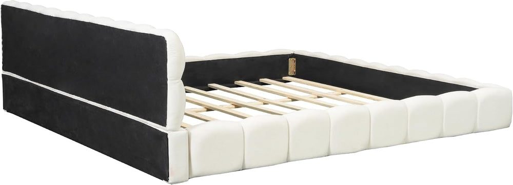 JIJIWANG Queen Platform Bed with Linen Headboard & Footboard, Beige