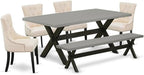 East West Furniture X697FR102-6 6 Piece Dining Table Set Contains a Rectangle Kitchen Table with X-Legs and 4 Light Beige Linen Fabric Parson Chairs with a Bench, 40x72 Inch, Multi-Color