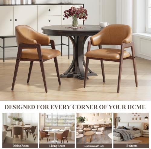 MALOL Wooden Dining Chairs Set of 4, Faux Leather, Curved Open Back, Brown