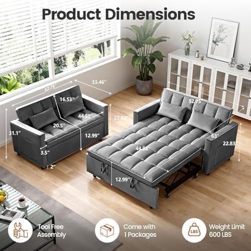 54'' Sleeper Sofa Bed, Convertible Pull Out Couch Futon with Side Pockets, Velvet Loveseat Sofa Bed with Adjustable Backrest, Armrest Pillows for Living Room Dorm Apartment, Dark Gray