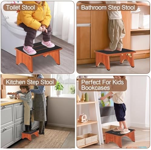 Step Stool Foldable, Wooden Step Stool with Non-Slip Rubber Stepping Feet, Fo...