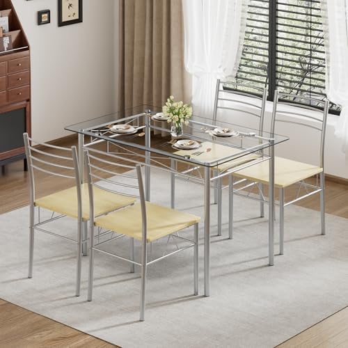 VECELO Dining Table Set for 4, 5-Piece Glass Kitchen Table with Chairs for Sm...