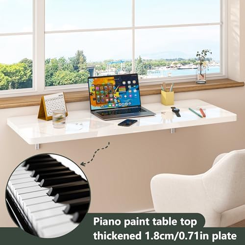 Clikuutory Wall Mounted High Gloss Folding Table, Wall Desk Fold Down for Sma...