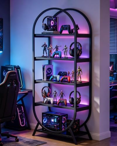 Bookshelf Arched Bookcase, Industrial 5 Tier Open Book Shelves with Metal Fra...