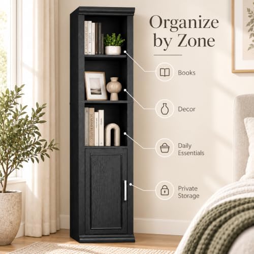 Rresyet 60" Bookshelf with Door Storage Cabinet, 5-Tier, Black