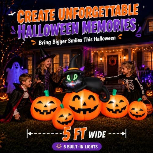 5FT 6 LED Halloween Inflatable Pumpkins Witch Black Cat Outdoor Yard Decor