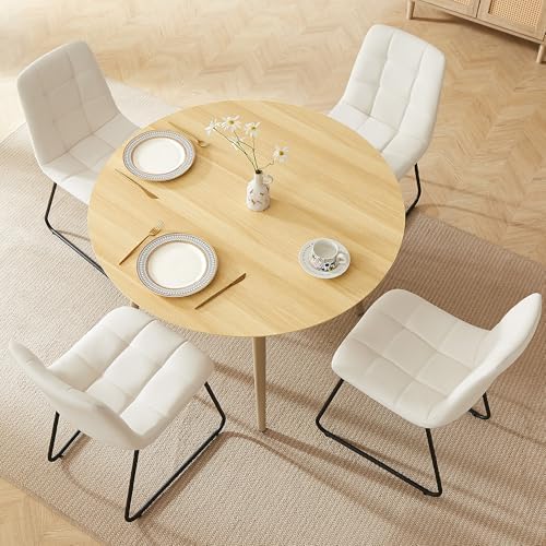 HIPIHOM Round Dining Table Set for 4, Cream Table with 4 PU White Chairs | 43...