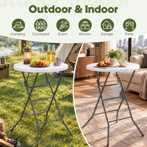 32" Round Folding Table, Portable Bar Height Folding Table with Detachab...