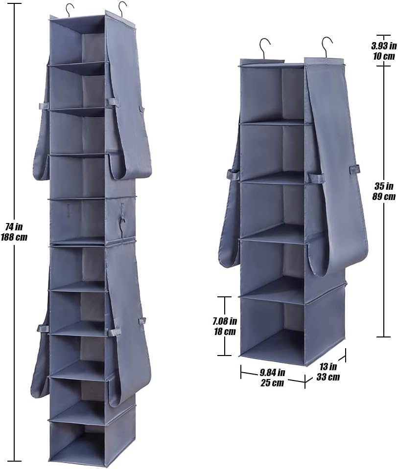 Hanging Shoe Organizer for Closet Footwear Boots Storage Shelf | Hang Closet Organization Storing Shelves Rack Display Shoes Boots Clothes 10-Shelf 4 Pockets Space Saver Oxford Cloth 2 Pack