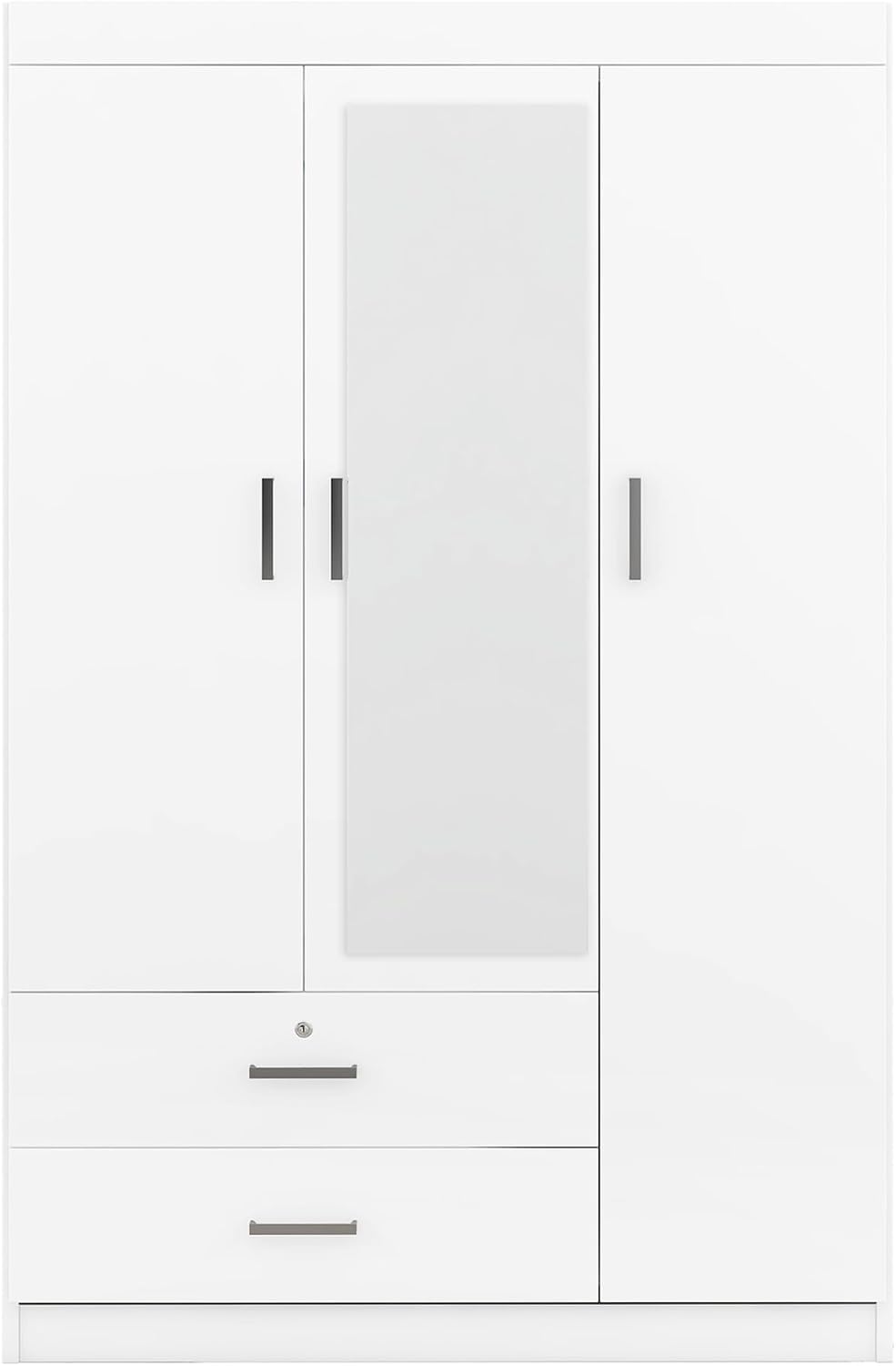 3 Doors Wardrobe Armoire Closet with Mirror, 68.2" H Wooden Freestanding Armoire Wardrobe Closet with Locking Drawers and Shelves, Bedroom Clothes Closets Wardrobes Cabinet with Hanging Rod, White