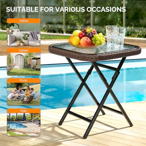 VINGLI 18in Modern Brown Rattan Folding Glass Outdoor Side Table, Small Patio...