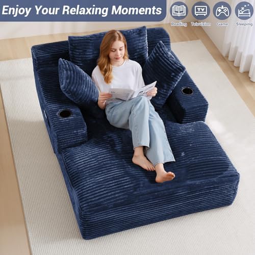 50" x 68" Corduroy Chaise Lounge, Cup Holders, Blue | Oversized cor...
