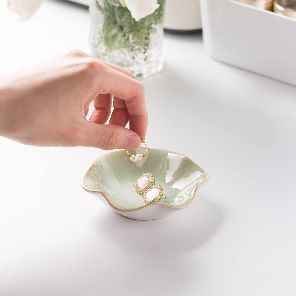 Mecaikru Ceramic Trinket Dish, Ring Tray, Decorative Jewelry Dish for Earrings Necklaces Watch Keys, for Women, White Green