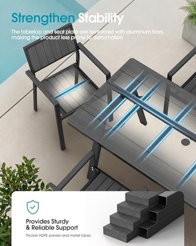 Aluminum Outdoor Dining Set of 6, Patio Table and Stackable Chairs, Grey
