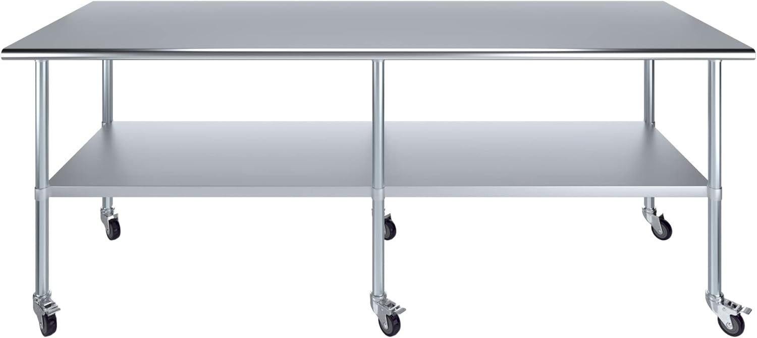 AmGood 96" Long x 30" Deep Stainless Steel Table with Casters