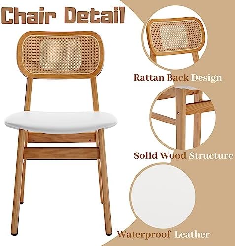 ROCITY Rattan Dining Chairs Set of 4 White Faux Leather Dining Room Chairs Na...