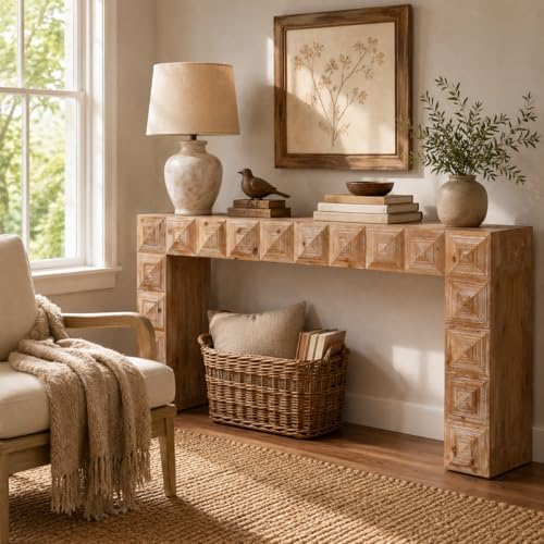 59.06" Rustic Console Table, Accent Entryway Table with 3D Carved Detail...