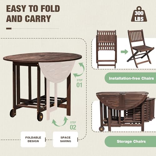 Devoko Acacia Wood Outdoor Patio Folding Table and Chairs Set for 4