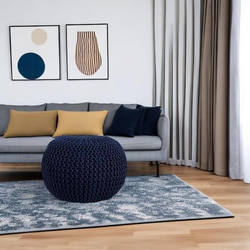 BIRDROCK HOME Round Pouf Ottoman Foot Rest - 18.5”x18.5”x15” Boho Compact Comfortable Soft Cotton Braided Foot Stool with Bean Bag Filling for Living Room, Bedroom, or Nursery (Navy)