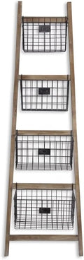 HomeRoots 73" Natural And Black Wood And Metal Storage Ladder With Baskets