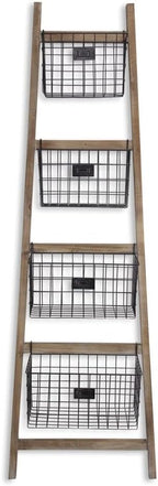 HomeRoots 73" Natural And Black Wood And Metal Storage Ladder With Baskets