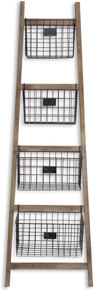 HomeRoots 73" Natural And Black Wood And Metal Storage Ladder With Baskets