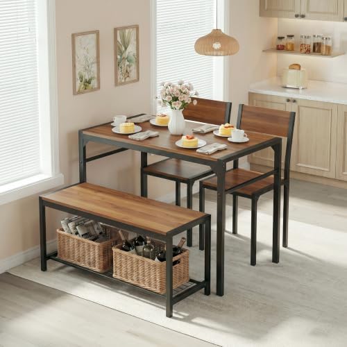Dining Table Set for 4 with Bench, 4 Pieces Kitchen Table and Chairs, Space-S...