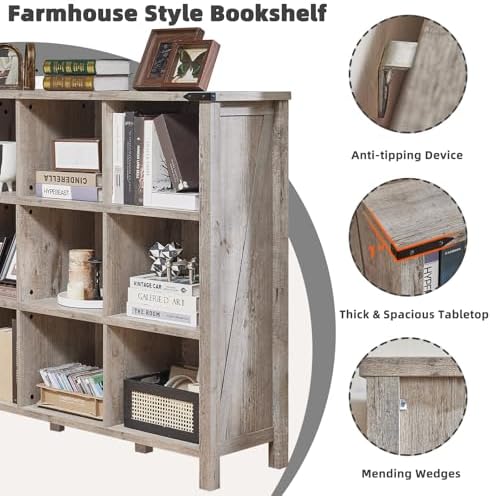Joaxswe 9 Cube Bookcase, Farmhouse 47 Inch Wide Grey Oak Bookshelf, Wooden 3 ...