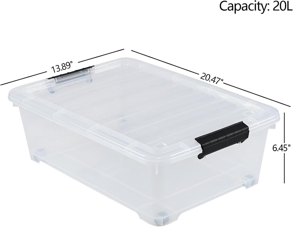 4 Packs 20 Quart Plastic Under Bed Storage Container with Lids and Wheels, Stackable and Nestable Organizer Bins, Flat Storage Box