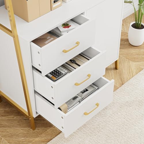 HITHOS White Gold Bookshelf, 69" H Ladder Book Shelf with Drawers & ...