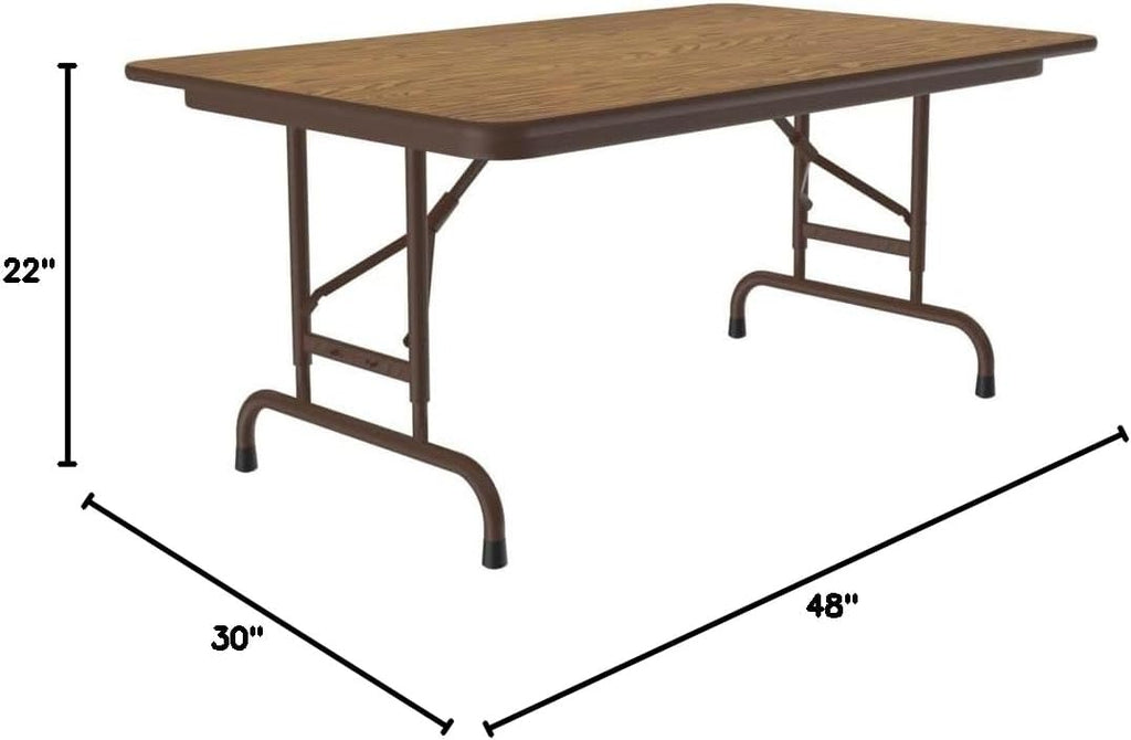 Correll Heavy Duty Adjustable Height Utility Folding Table, Melamine Top, USA Made, Strong Steel Apron, 30"x48", Medium Oak Top Brown Edge