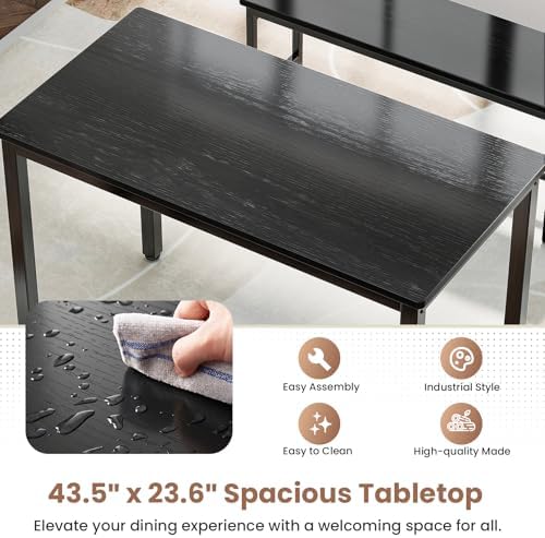 Dining Table Set for 4, Kitchen Table with 2 Benchs, Black