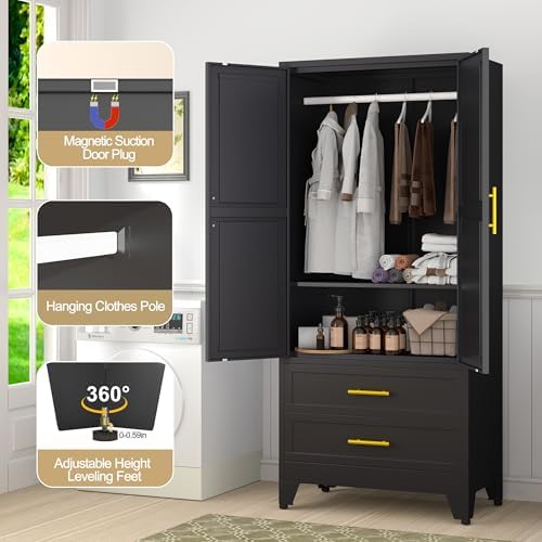 GAIOUS Metal Wardrobe Cabinet with 2 Drawers, 71" Clothing Storage Cabinets
