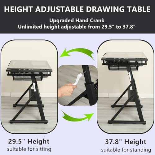 Drafting Desk w/Stool & Storage, Glass Art Table for Artists,Black