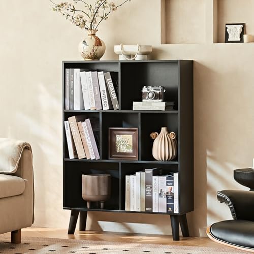 LEYAOYAO Cube Bookshelf, Mid-Century Modern Book Shelf with Legs, Black