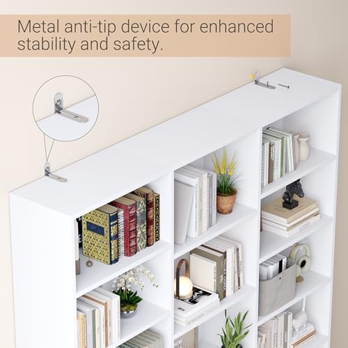 ELYKEN Triple Wide Bookshelf, Large 6 Tier Bookcase with 17 Shelves, White