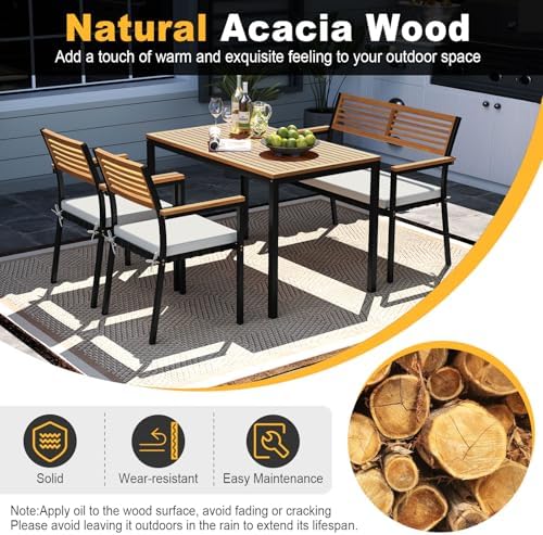 Tangkula 4 Piece Acacia Wood Outdoor Dining Set with 2 Stackable Armchairs