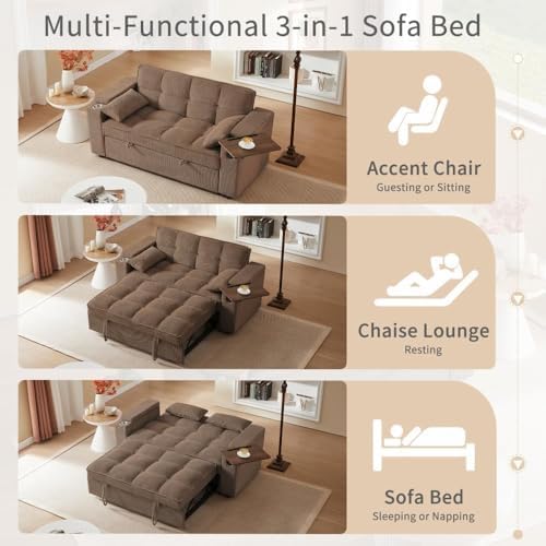 oaaktu ﻿ Large Size Convertible Sleeper Sofa Bed,Polka dot Velvet Pull Out Fu...
