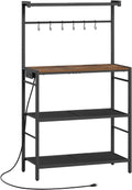 MAHANCRIS Bakers Rack with Power Outlet, Kitchen Storage Shelf with 6 Hooks, Microwave Stand with Storage, 4-Tier Coffee Bar Station, for Kitchen, Dining Room, Rustic Brown and Black BRHR351E01