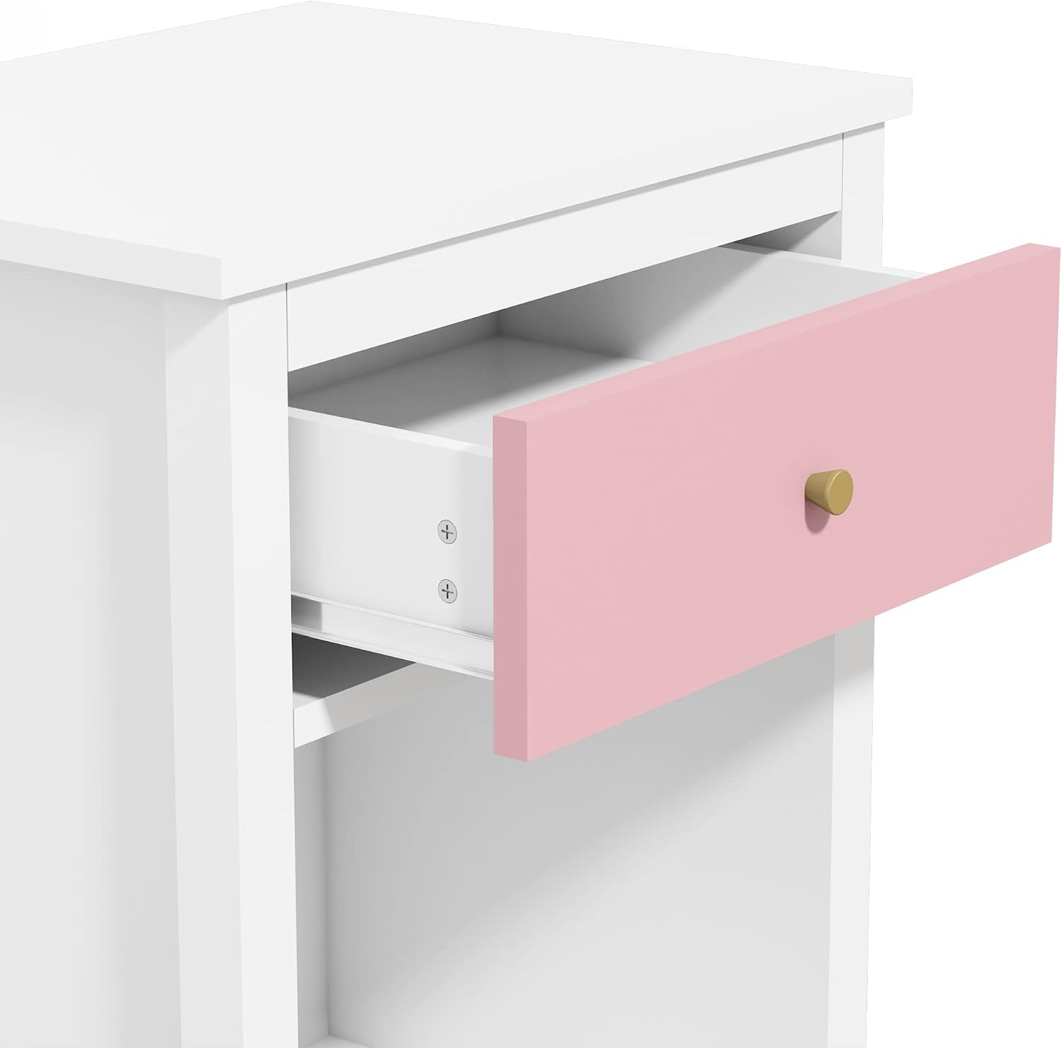 Nightstand with One Drawer & Open Storage Shelf, Modern Wooden Bedside Table for Kids, 26.77''H End Table for Living Room, Bedroom, Toddler Nightstand for Boys and Girls, White+Pink