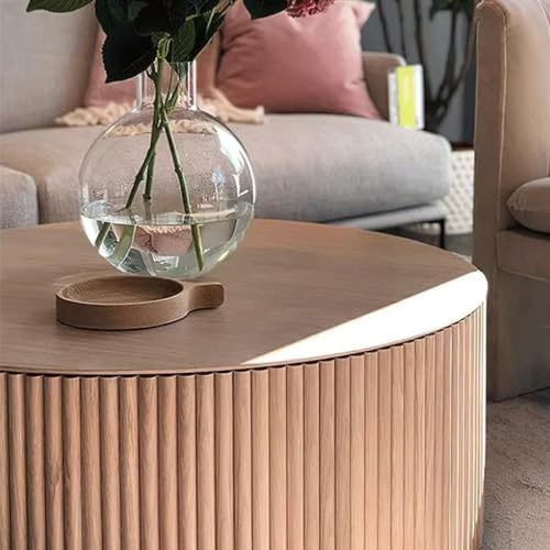 Minimalist Solid Wood Drum End Table, Fluted Round Design, Fully Assembled Ni...