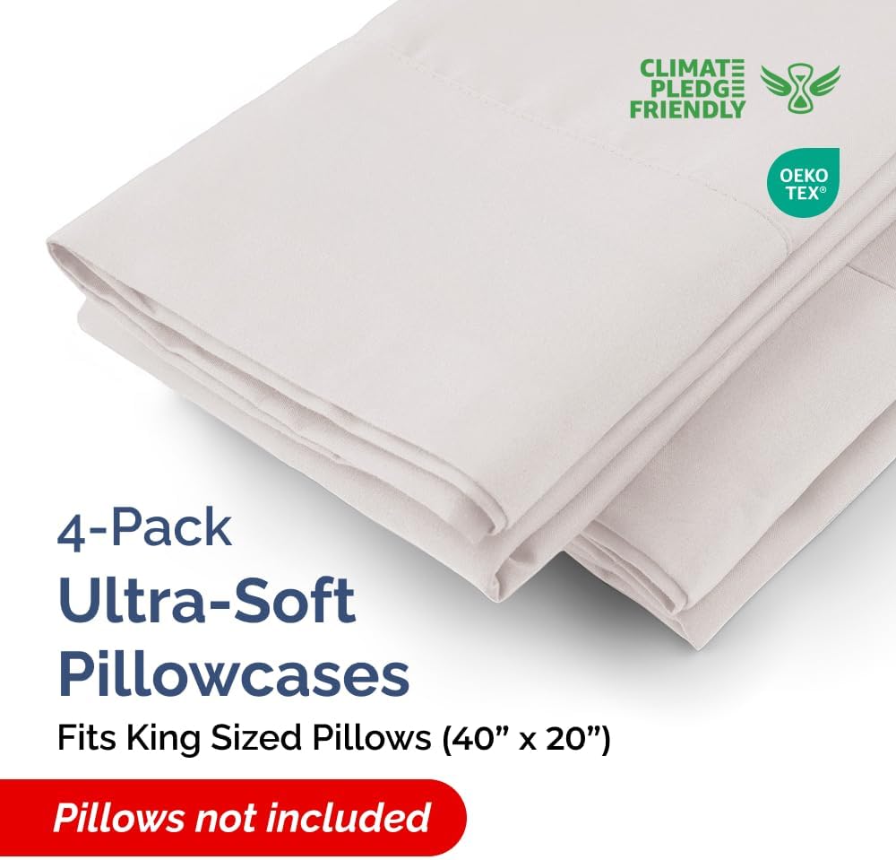 King Pillow Cases - 4 Pack - Super Soft Pillowcase Covers - Envelope Enclosure - Hotel Quality Pillow Protectors - Wrinkle Free, Shrink & Stain Resistant - Machine Washable - 20" x 40" (Light Grey)
