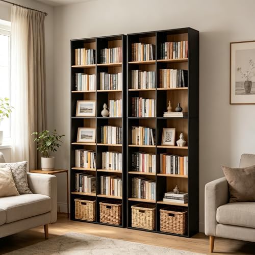 71" Tall Shallow Bookcase DVD Storage Shelf, 14 Cubes 7 Tier Narrow Wide...