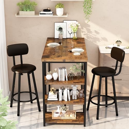 Kitchen Dining Table Set for 2, Bar Table and Chairs Set with 3 Storage Shelv...