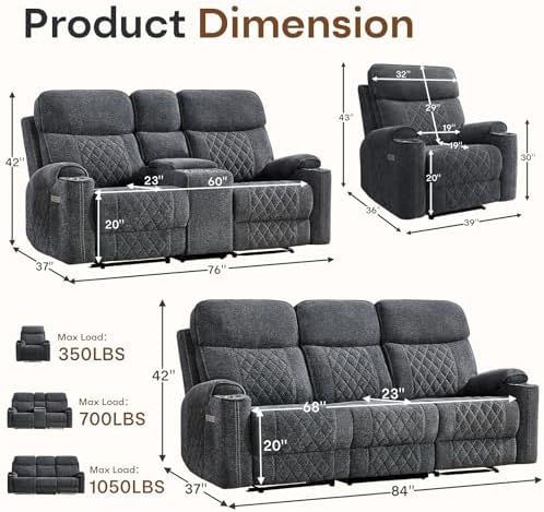 HAOMARKETS 3-Piece Power Recliner Sofa Set with Charging Port, Include Single...
